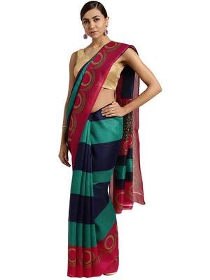 Blue Printed poly silk saree with blouse 1