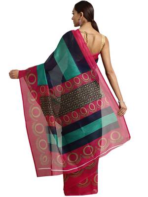 Blue Printed poly silk saree with blouse 2