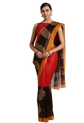 Red Printed poly silk saree with blouse 1