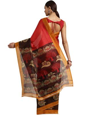 Red Printed poly silk saree with blouse 2