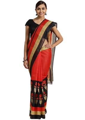 Black Printed poly silk saree with blouse 1