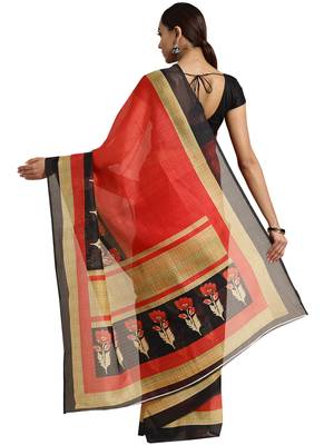 Black Printed poly silk saree with blouse 2