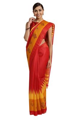 Red Printed poly silk saree with blouse 1