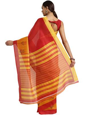 Red Printed poly silk saree with blouse 2
