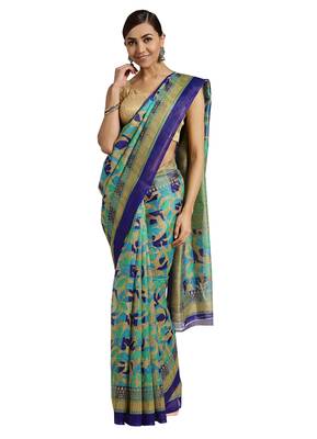 Beige Printed poly silk saree with blouse 1