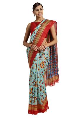 Blue Printed poly silk saree with blouse 1