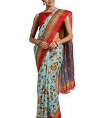Blue Printed poly silk saree with blouse