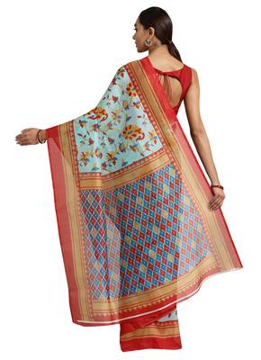 Blue Printed poly silk saree with blouse 2