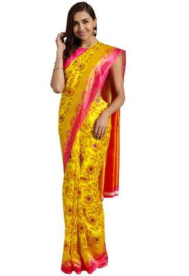 Yellow Printed poly silk saree with blouse 1
