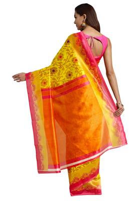 Yellow Printed poly silk saree with blouse 2
