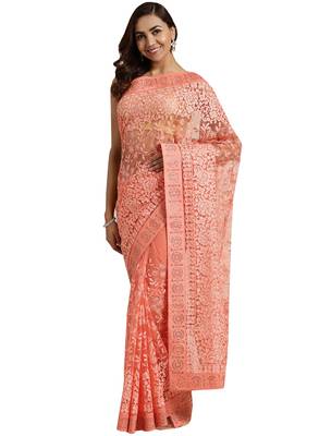 Orange embroidered net saree with blouse 1