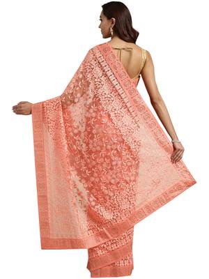 Orange embroidered net saree with blouse 2