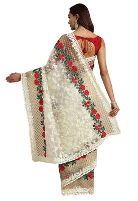 Cream embroidered net saree with blouse 2