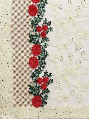 Cream embroidered net saree with blouse 4