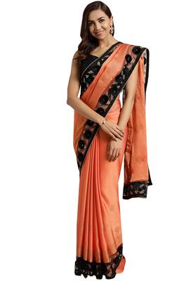 Orange embroidered poly silk saree with blouse 1