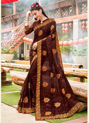 Brown embroidered georgette saree with blouse 1
