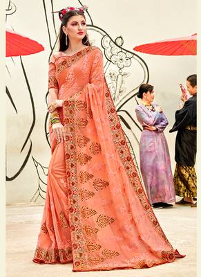 Dark peach embroidered georgette saree with blouse 1