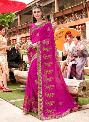 Dark pink embroidered georgette saree with blouse 1