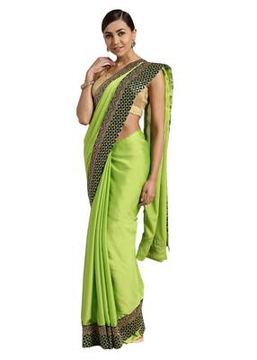 Green embroidered poly silk saree with blouse 1