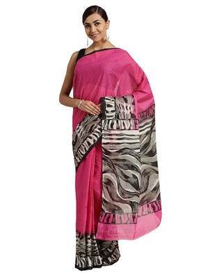 Pink Printed cotton saree with blouse 1