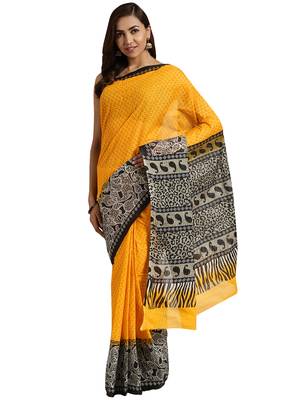 Yellow Printed cotton saree with blouse 1
