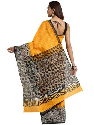 Yellow Printed cotton saree with blouse 2