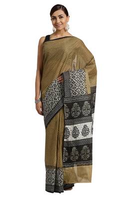 Beige Printed cotton saree with blouse 1