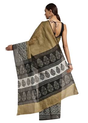 Beige Printed cotton saree with blouse 2