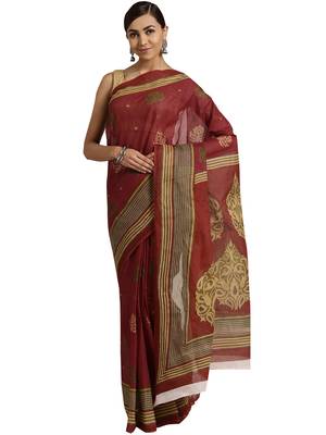 Maroon woven cotton saree with blouse 1