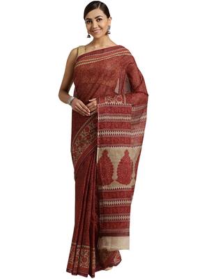 Maroon Printed cotton saree with blouse 1