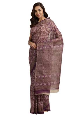 Purple Printed cotton saree with blouse 1