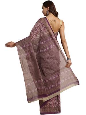 Purple Printed cotton saree with blouse 2