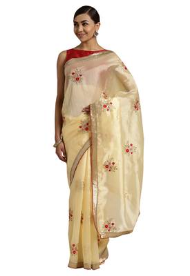 Cream embroidered chanderi saree with blouse 1