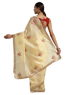 Cream embroidered chanderi saree with blouse 2