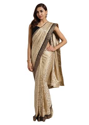 Beige embroidered poly silk saree with blouse 1