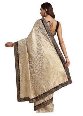 Beige embroidered poly silk saree with blouse 2