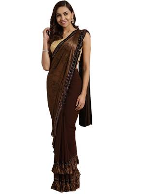 Brown embroidered faux georgette saree with blouse 1