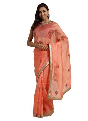Orange embroidered chanderi saree with blouse 1