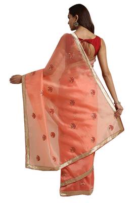 Orange embroidered chanderi saree with blouse 2