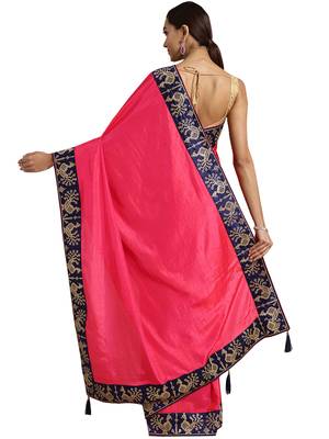 Pink embroidered poly silk saree with blouse 2