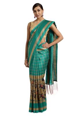 Green Printed poly silk saree with blouse 1