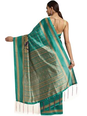 Green Printed poly silk saree with blouse 2
