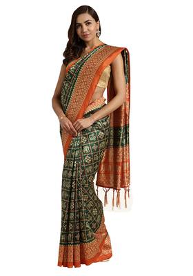 Green Printed poly silk saree with blouse 1