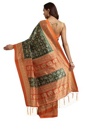Green Printed poly silk saree with blouse 2
