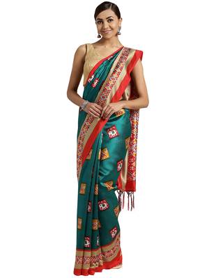 Green Printed poly silk saree with blouse 1