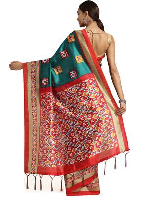 Green Printed poly silk saree with blouse 2