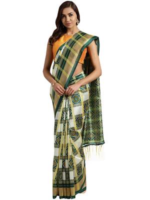 White Printed poly silk saree with blouse 1
