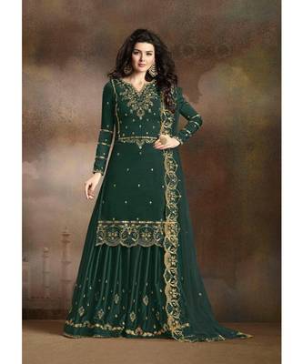 Green Designer Heavy Work Sharara Suit with Net Dupatta 1