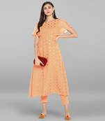 Janasya Women's Peach Poly Crepe Kurta With Pant