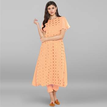 Janasya Women's Peach Poly Crepe Kurta With Pant 2